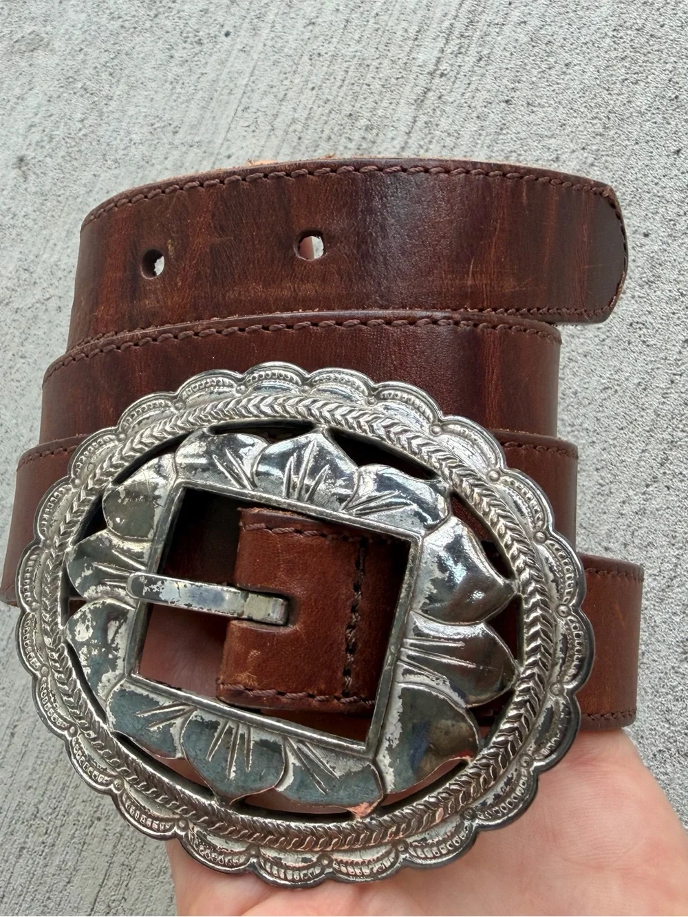 Fossil Brown Leather Belt Silver Western Concho Buckle Size M 37.5”